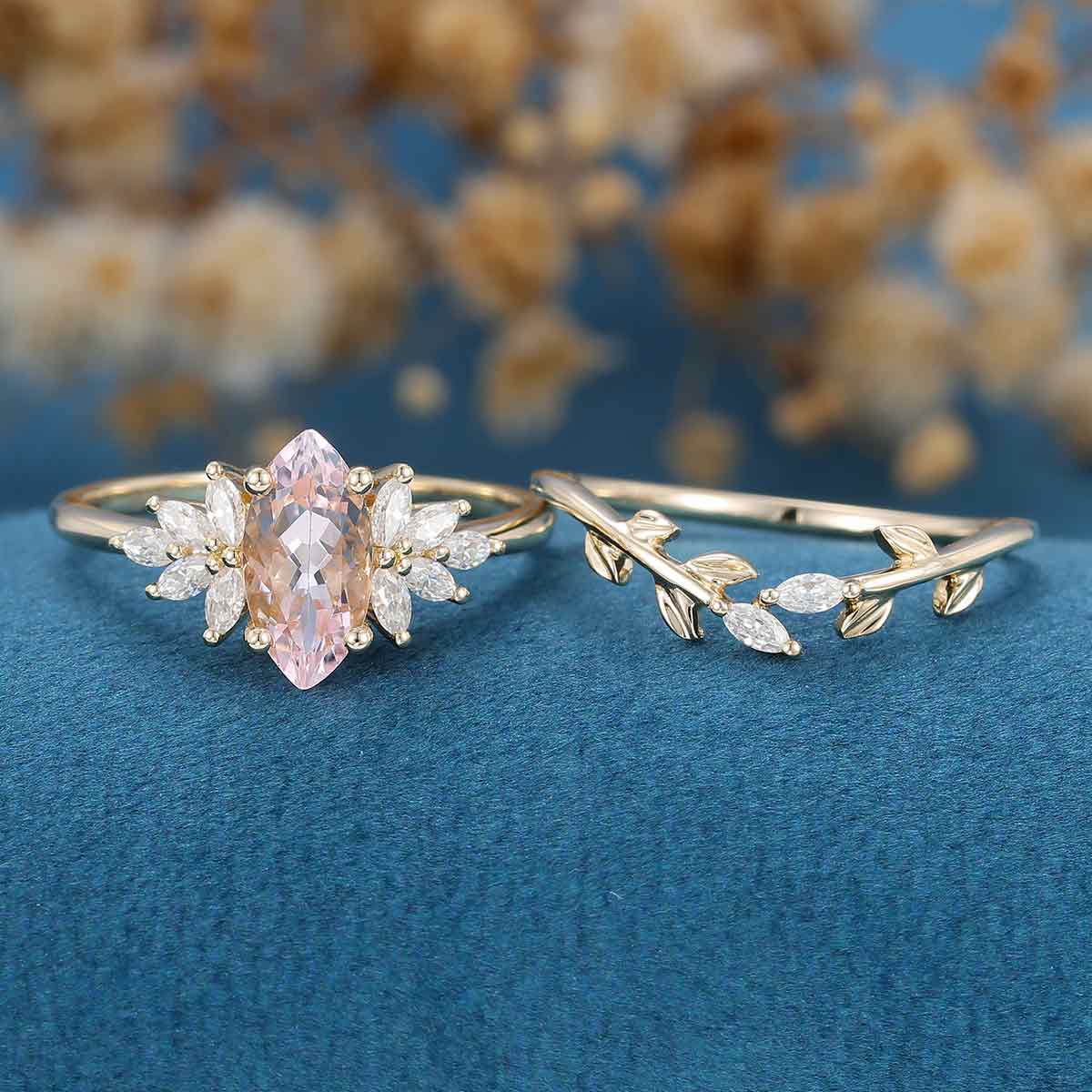 1.0 Carat Marquise cut Morganite + Moissanite Cluster Engagement Ring Bridal Set - Image 3