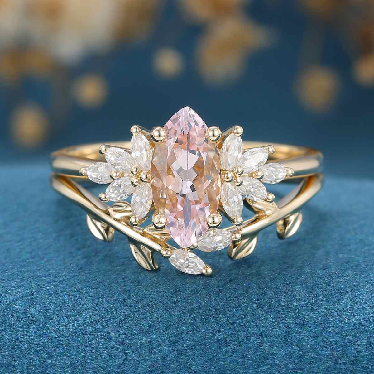 1.0 Carat Marquise cut Morganite + Moissanite Cluster Engagement Ring Bridal Set - Image 4