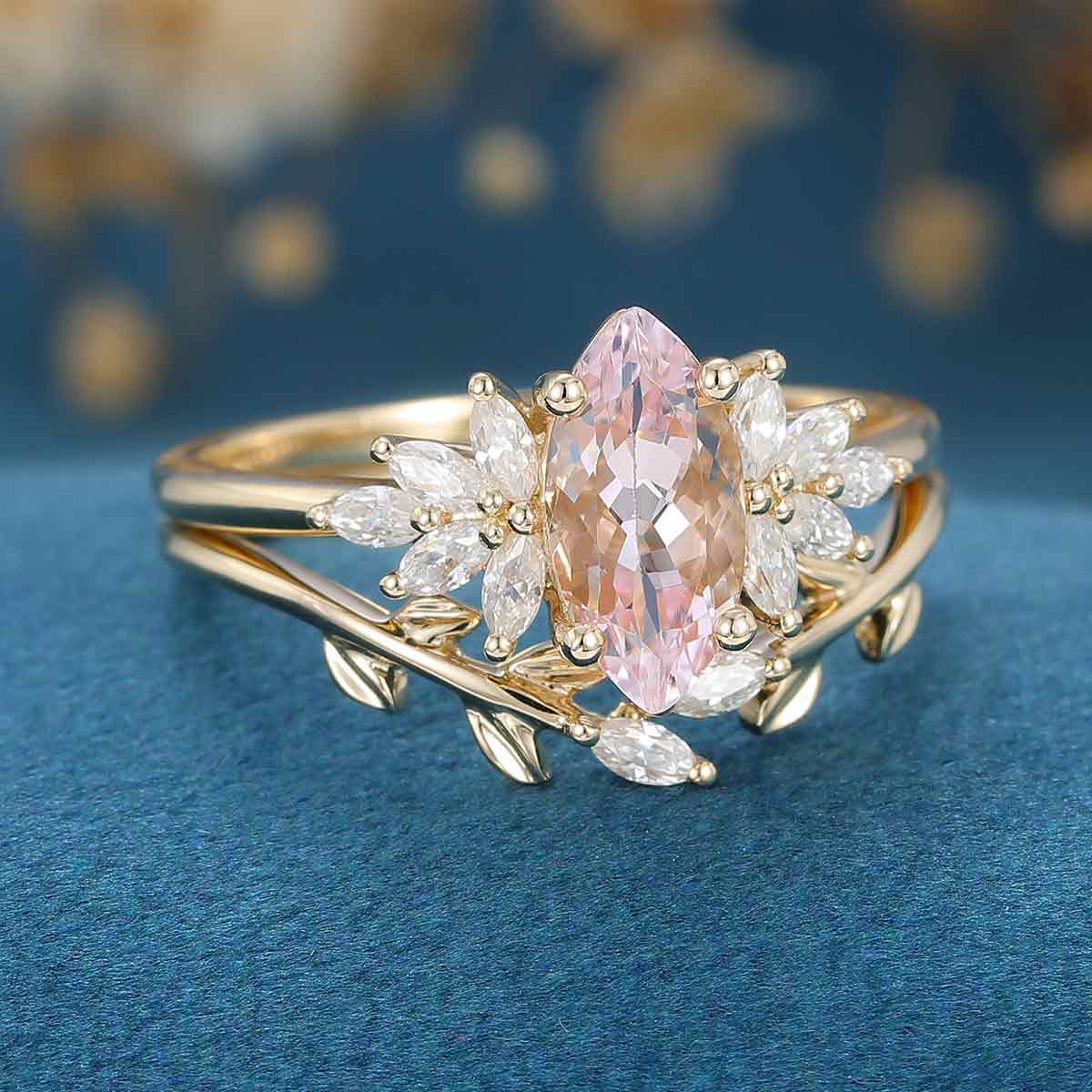 1.0 Carat Marquise cut Morganite + Moissanite Cluster Engagement Ring Bridal Set - Image 5
