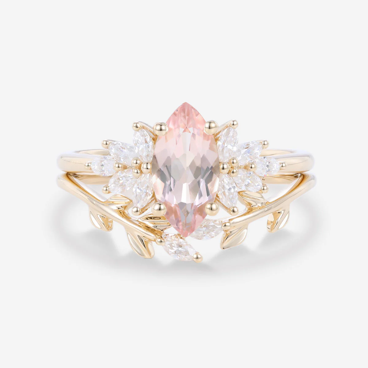 1.0 Carat Marquise cut Morganite + Moissanite Cluster Engagement Ring Bridal Set - Image 6