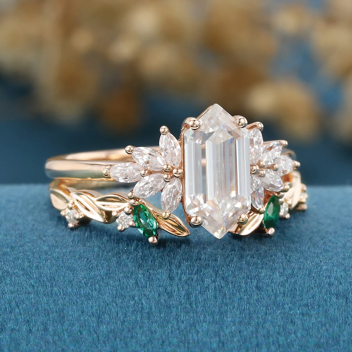 1.0Carat Hexagon Moissanite Matching Diamonds | Lab Grown Emerald Rose Gold Wedding Bridal Set - Image 4