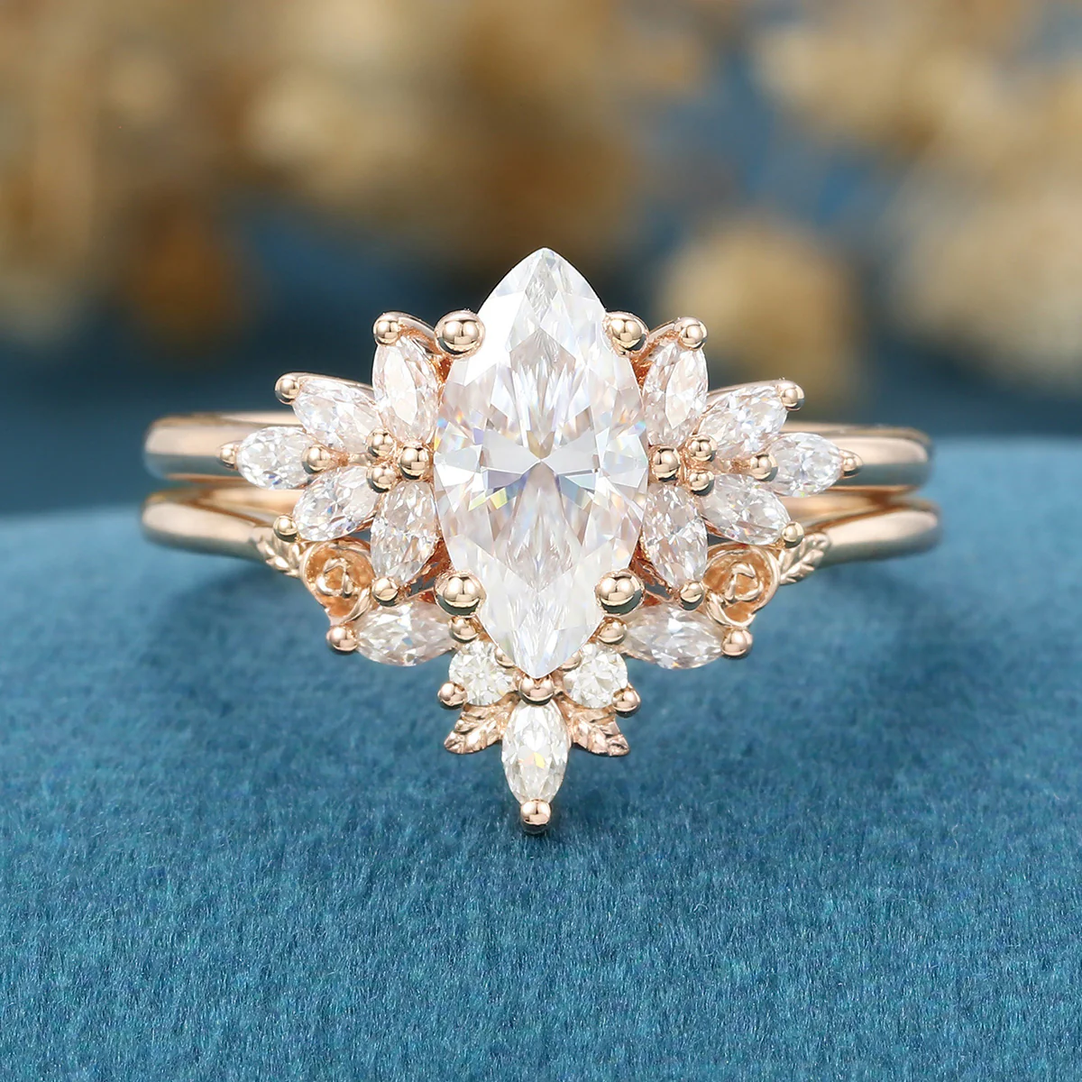 1.0Carat Marquise cut Moissanite Engagement Ring Cluster diamonds Rose Gold Wedding Bridal Set - Image 3