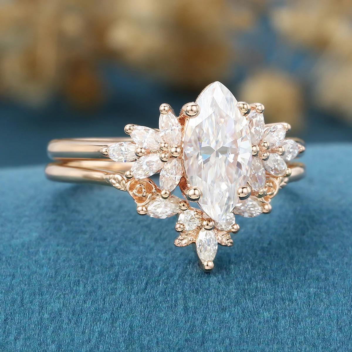1.0Carat Marquise cut Moissanite Engagement Ring Cluster diamonds Rose Gold Wedding Bridal Set - Image 4