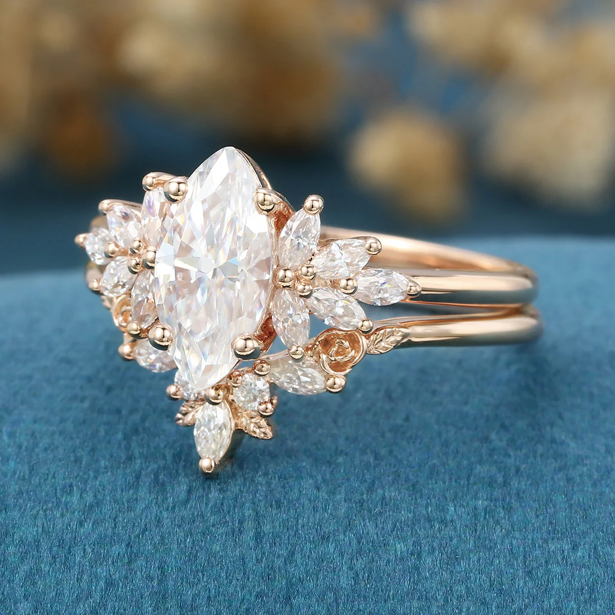 1.0Carat Marquise cut Moissanite Engagement Ring Cluster diamonds Rose Gold Wedding Bridal Set - Image 5