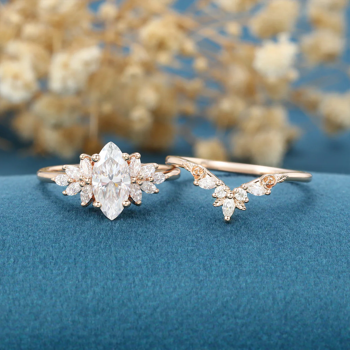 1.0Carat Marquise cut Moissanite Engagement Ring Cluster diamonds Rose Gold Wedding Bridal Set - Image 7