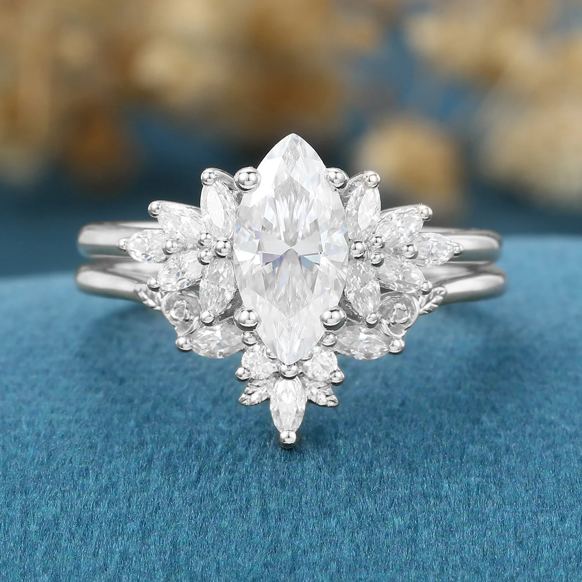 1.0Carat Marquise cut Moissanite Engagement Ring Cluster diamonds Rose Gold Wedding Bridal Set - Image 8