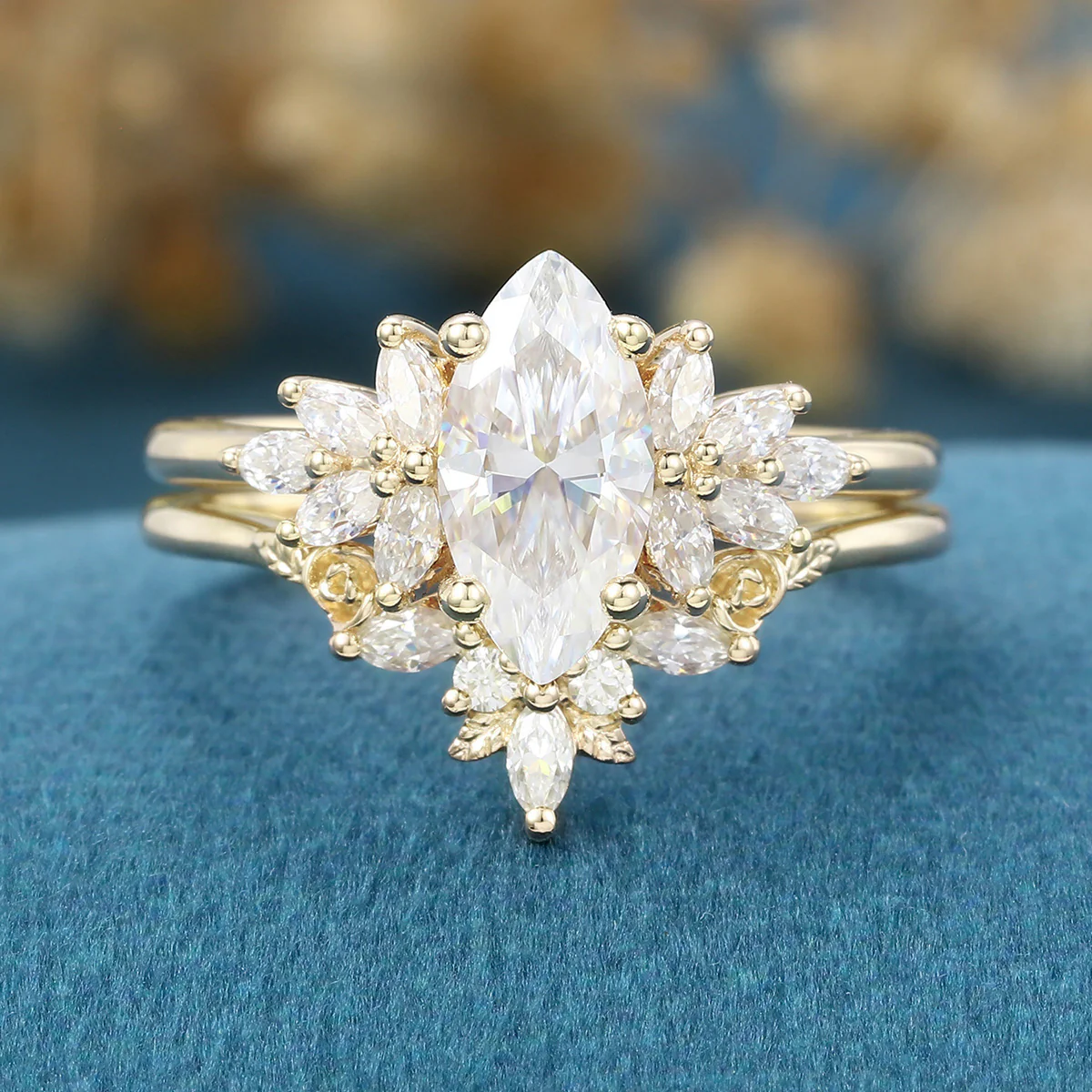 1.0Carat Marquise cut Moissanite Engagement Ring Cluster diamonds Rose Gold Wedding Bridal Set - Image 9
