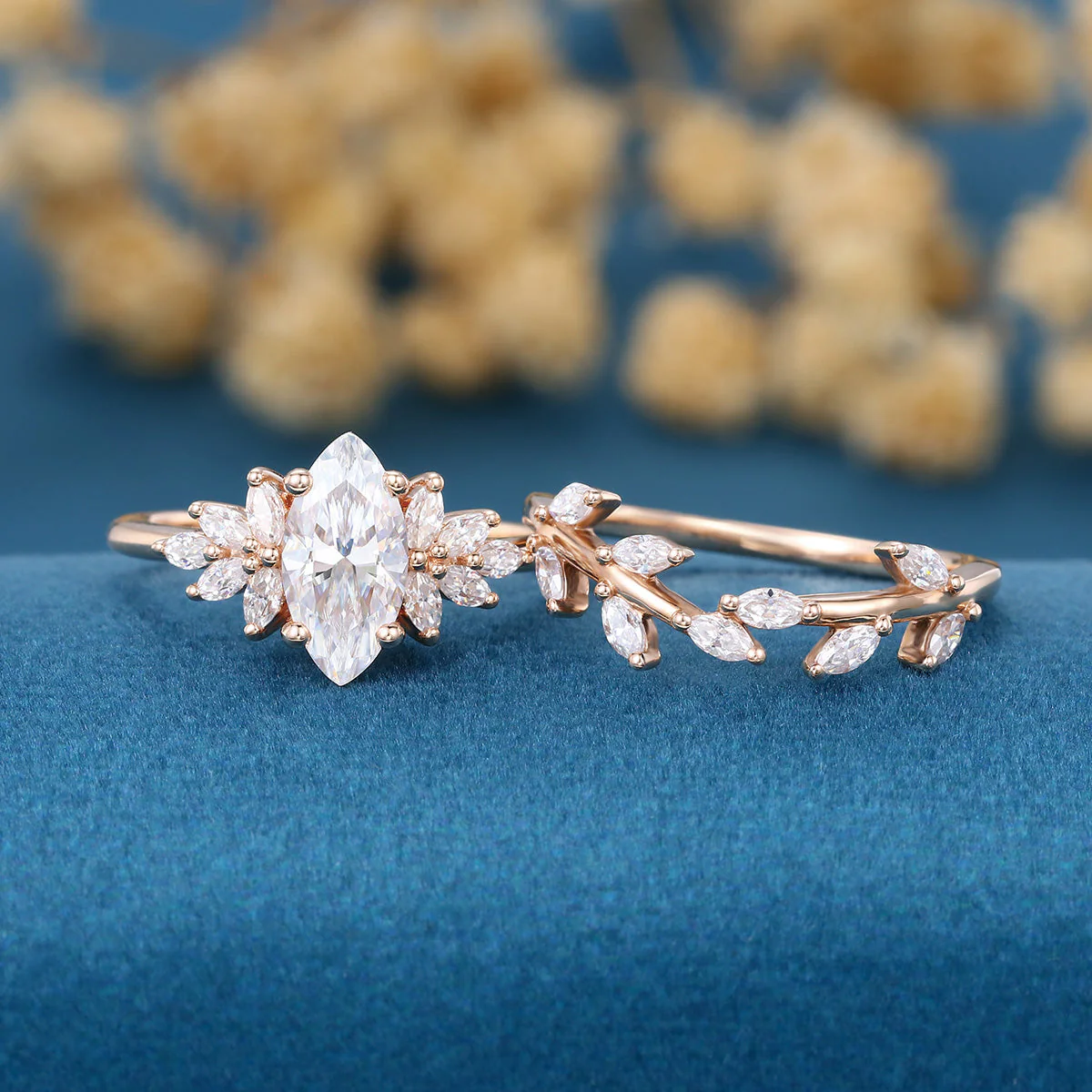 1.0Carat Marquise cut Moissanite Engagement Ring Cluster Diamonds Rose Gold Wedding Bridal Set - Image 3