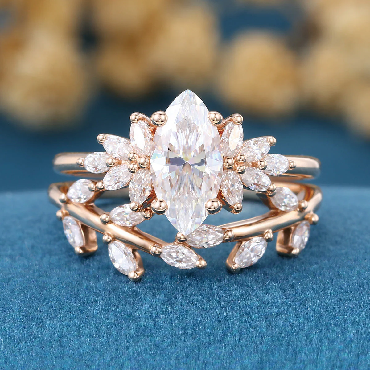 1.0Carat Marquise cut Moissanite Engagement Ring Cluster Diamonds Rose Gold Wedding Bridal Set - Image 4