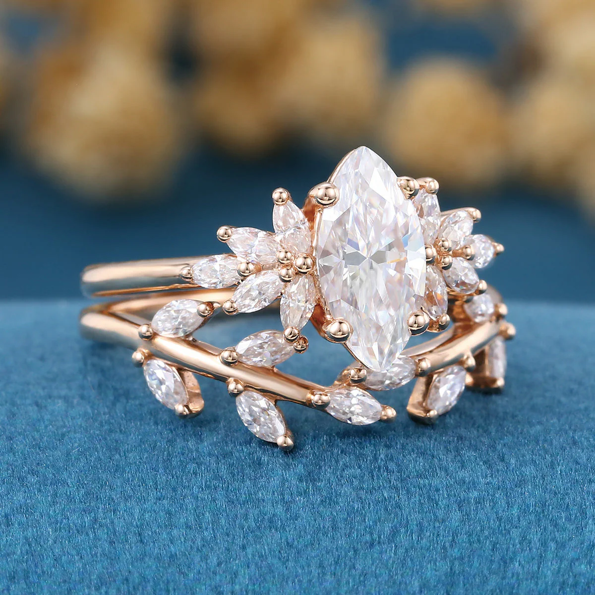 1.0Carat Marquise cut Moissanite Engagement Ring Cluster Diamonds Rose Gold Wedding Bridal Set - Image 5