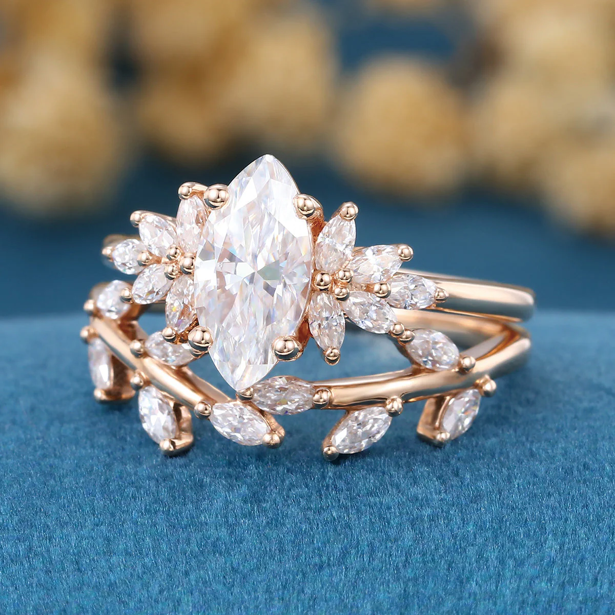1.0Carat Marquise cut Moissanite Engagement Ring Cluster Diamonds Rose Gold Wedding Bridal Set - Image 6