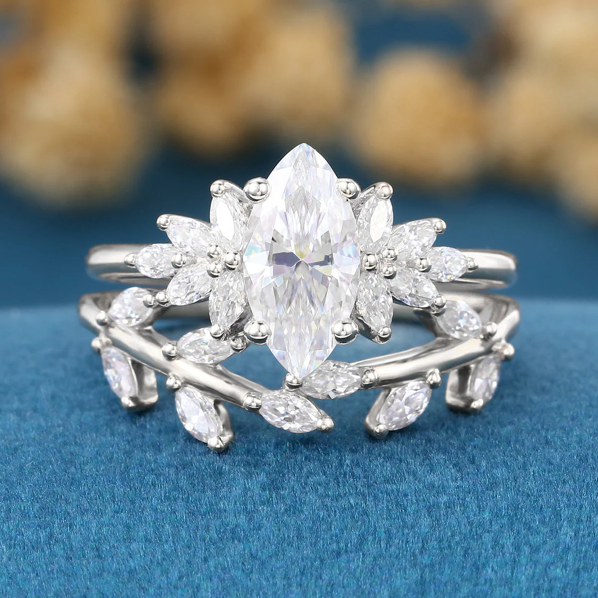 1.0Carat Marquise cut Moissanite Engagement Ring Cluster Diamonds Rose Gold Wedding Bridal Set - Image 8