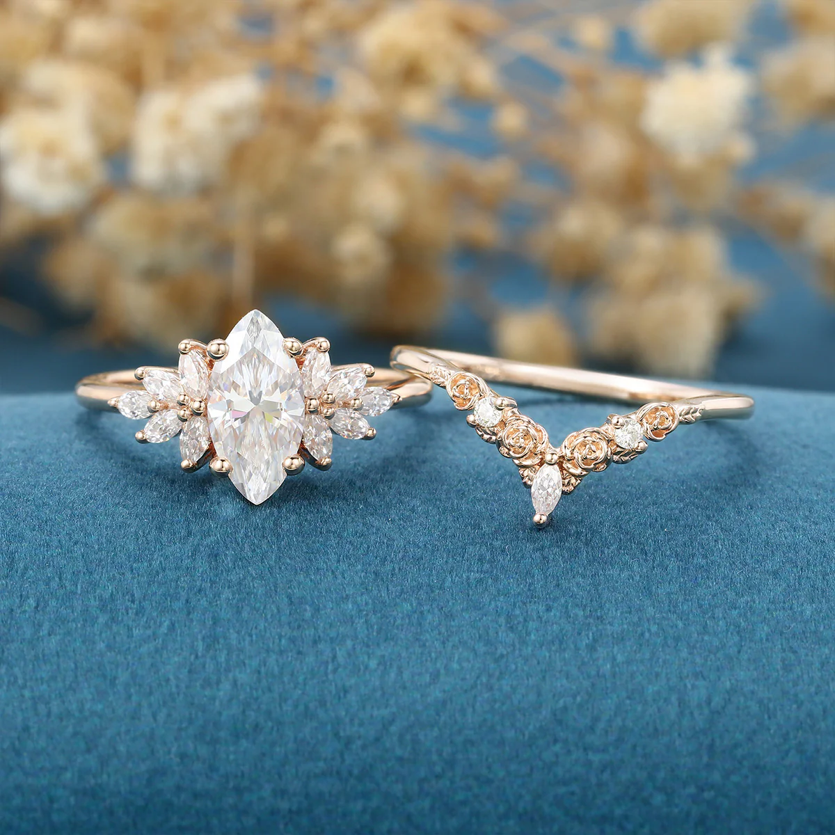 1.0Carat Marquise cut Moissanite Engagement Ring Cluster diamonds Rose Gold Wedding Bridal Set - Image 3