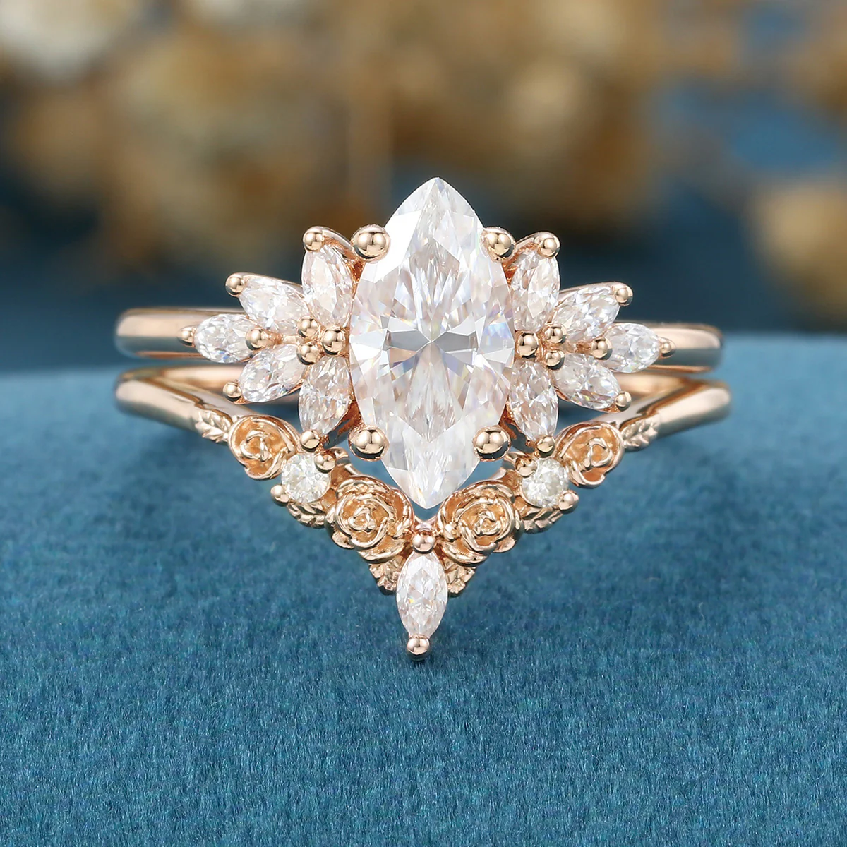 1.0Carat Marquise cut Moissanite Engagement Ring Cluster diamonds Rose Gold Wedding Bridal Set - Image 4
