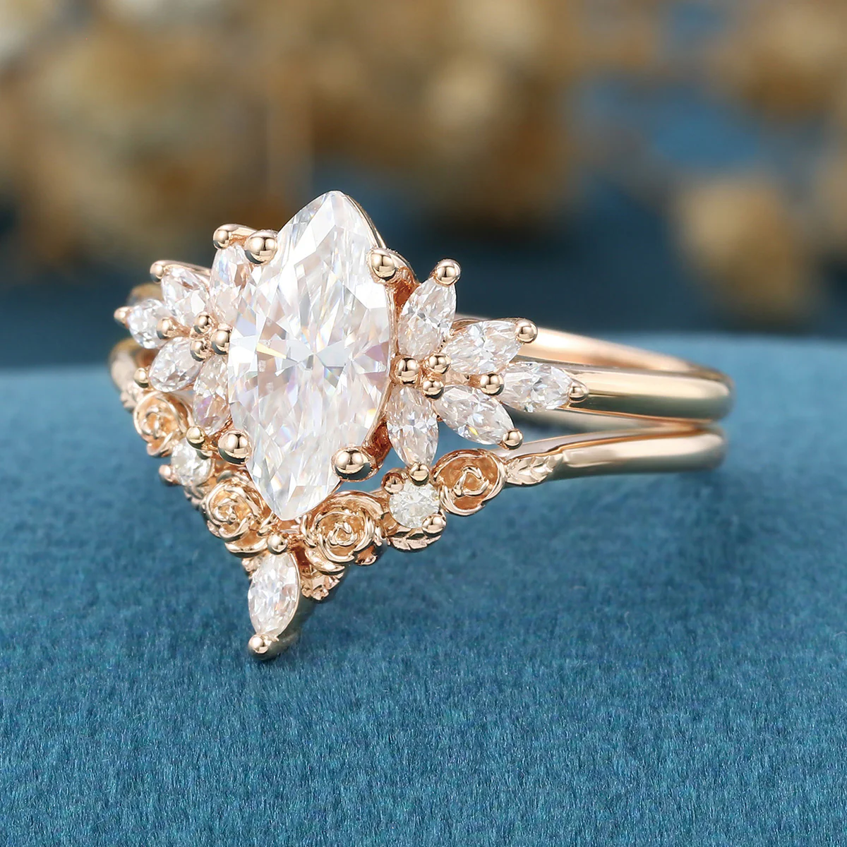 1.0Carat Marquise cut Moissanite Engagement Ring Cluster diamonds Rose Gold Wedding Bridal Set - Image 5