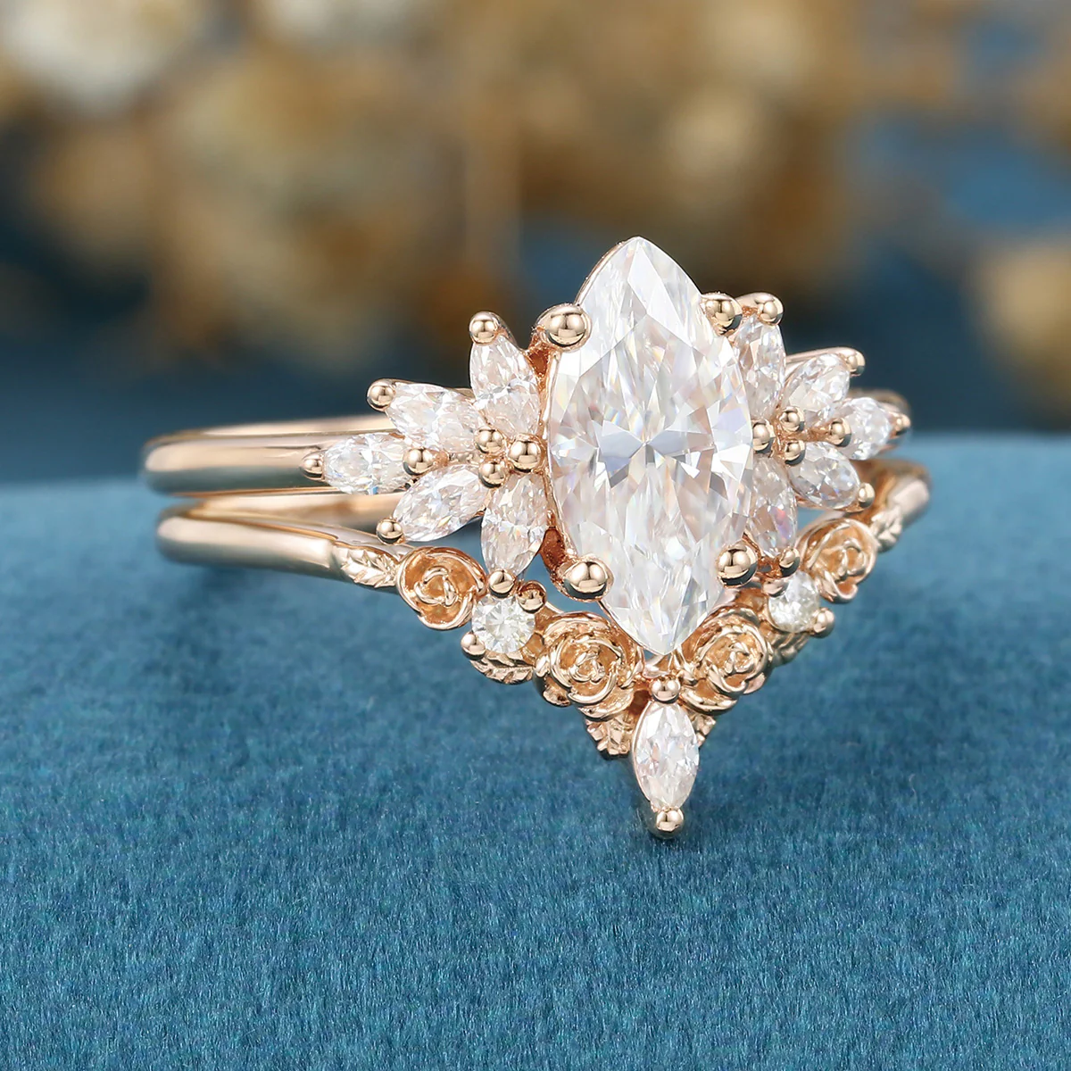1.0Carat Marquise cut Moissanite Engagement Ring Cluster diamonds Rose Gold Wedding Bridal Set - Image 6