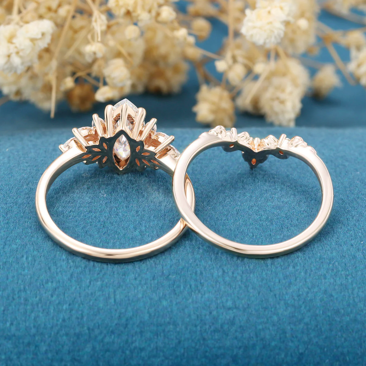 1.0Carat Marquise cut Moissanite Engagement Ring Cluster diamonds Rose Gold Wedding Bridal Set - Image 7