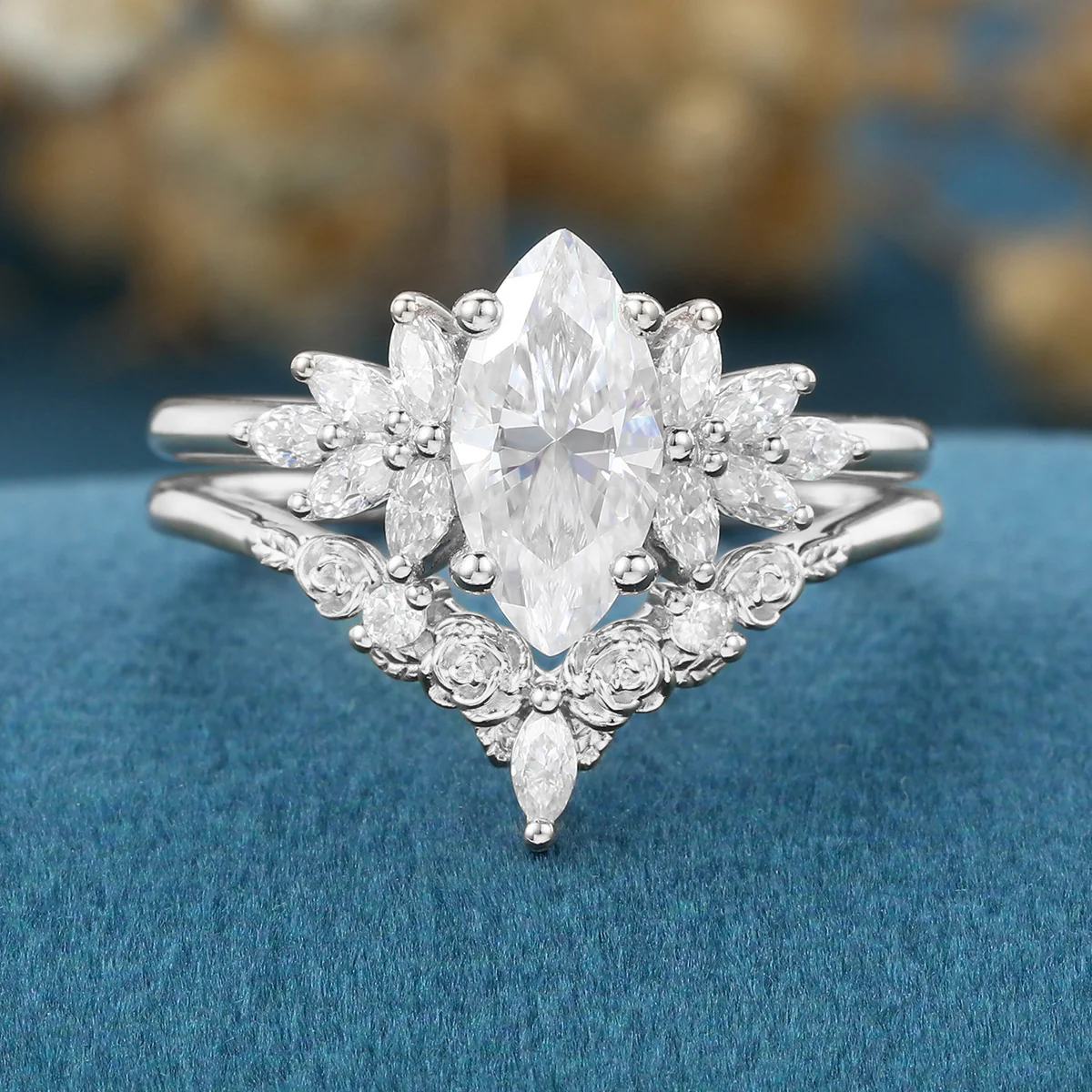 1.0Carat Marquise cut Moissanite Engagement Ring Cluster diamonds Rose Gold Wedding Bridal Set - Image 8
