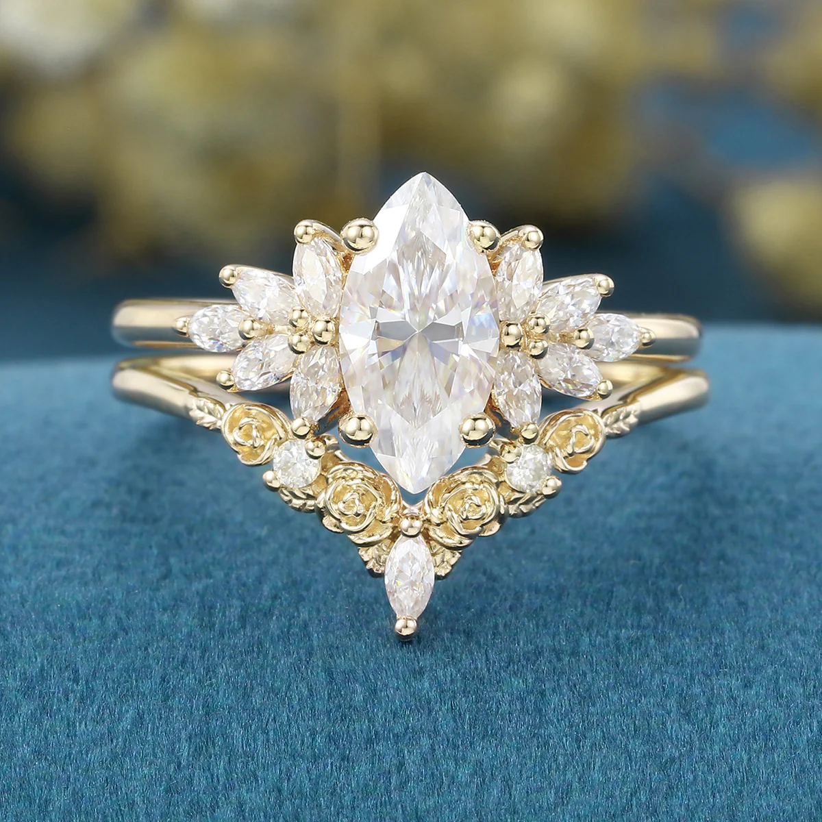 1.0Carat Marquise cut Moissanite Engagement Ring Cluster diamonds Rose Gold Wedding Bridal Set - Image 9
