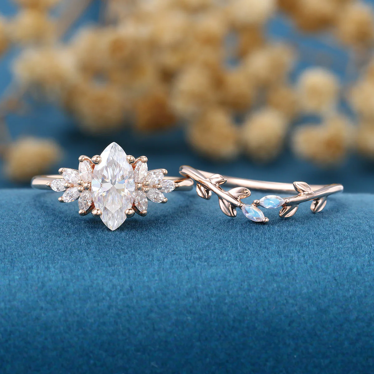1.0Carat Marquise Cut Moissanite Engagement Ring set Rose Gold Moonstone Wedding Bridal Set - Image 3