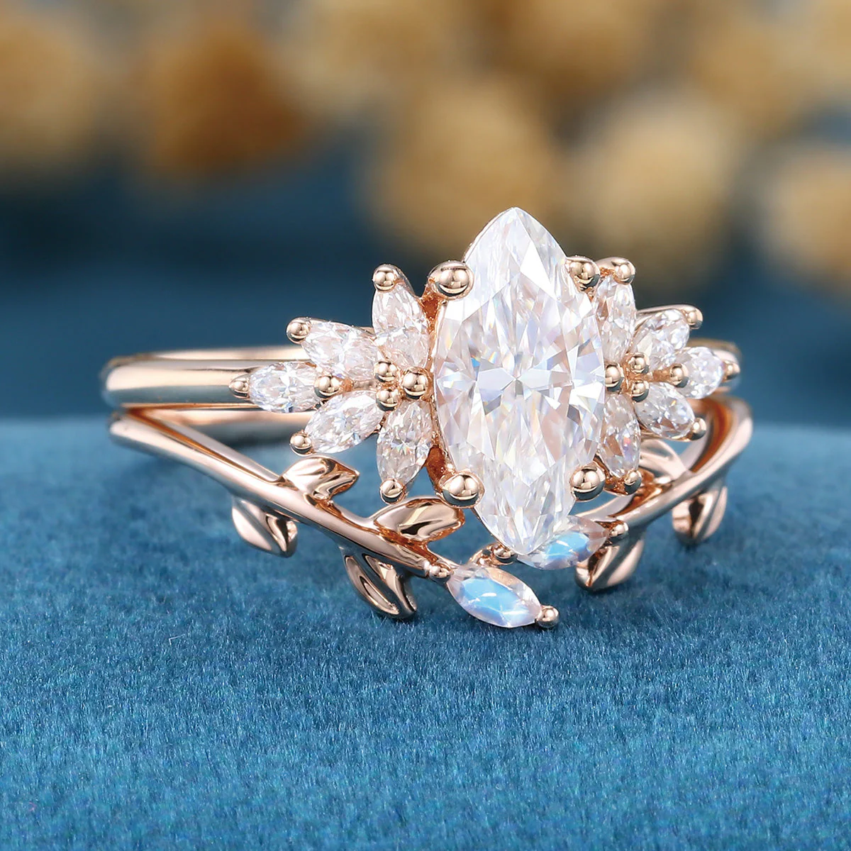 1.0Carat Marquise Cut Moissanite Engagement Ring set Rose Gold Moonstone Wedding Bridal Set - Image 5