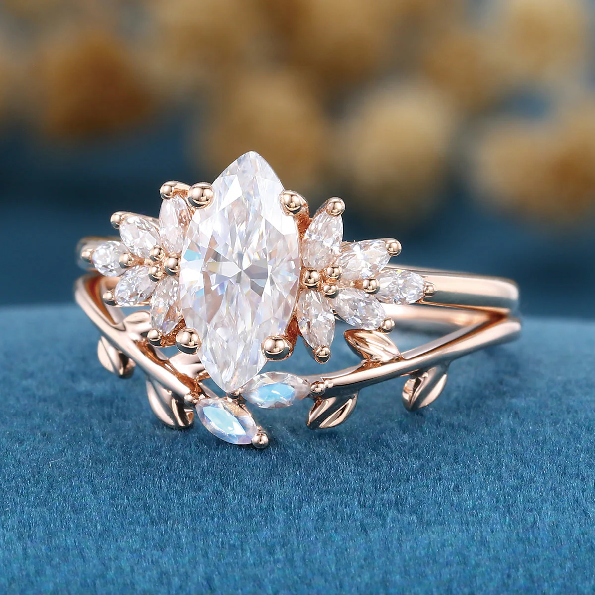 1.0Carat Marquise Cut Moissanite Engagement Ring set Rose Gold Moonstone Wedding Bridal Set - Image 6