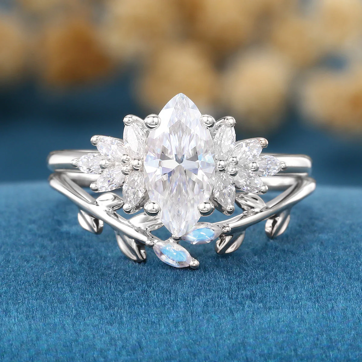 1.0Carat Marquise Cut Moissanite Engagement Ring set Rose Gold Moonstone Wedding Bridal Set - Image 7