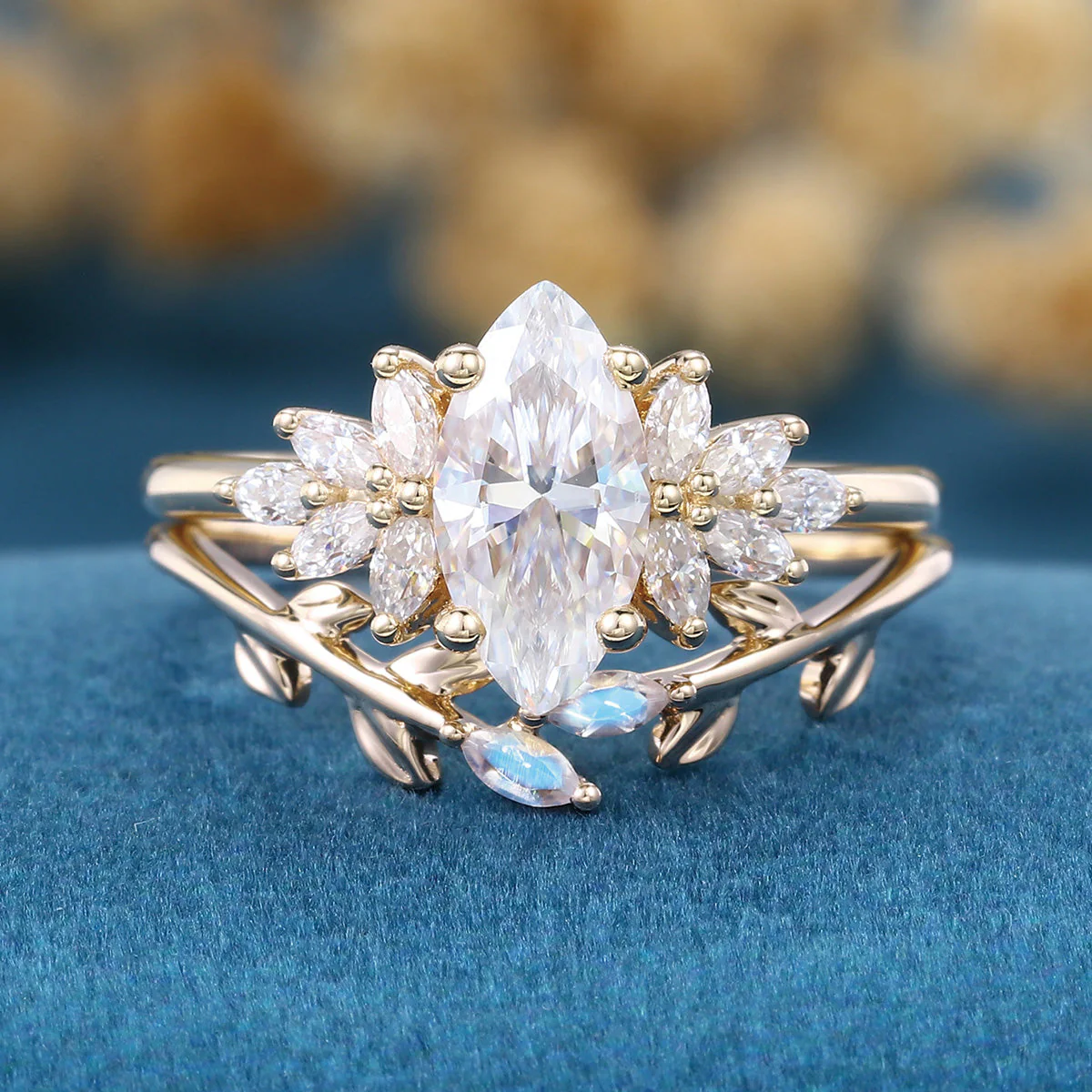 1.0Carat Marquise Cut Moissanite Engagement Ring set Rose Gold Moonstone Wedding Bridal Set - Image 8