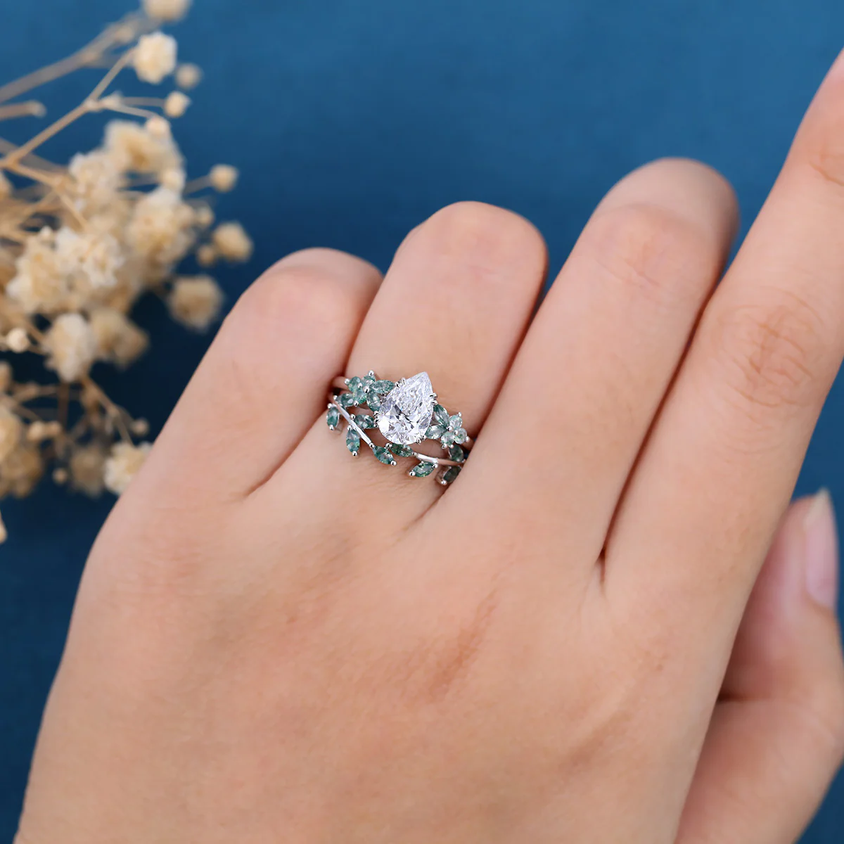 1.2Carat Pear Cut Lab grown diamond Matching Moss Agate Cluster Gold Bridal Set - Image 2