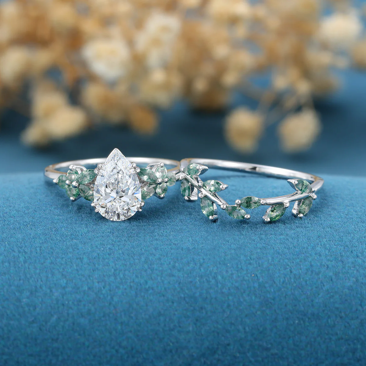 1.2Carat Pear Cut Lab grown diamond Matching Moss Agate Cluster Gold Bridal Set - Image 3