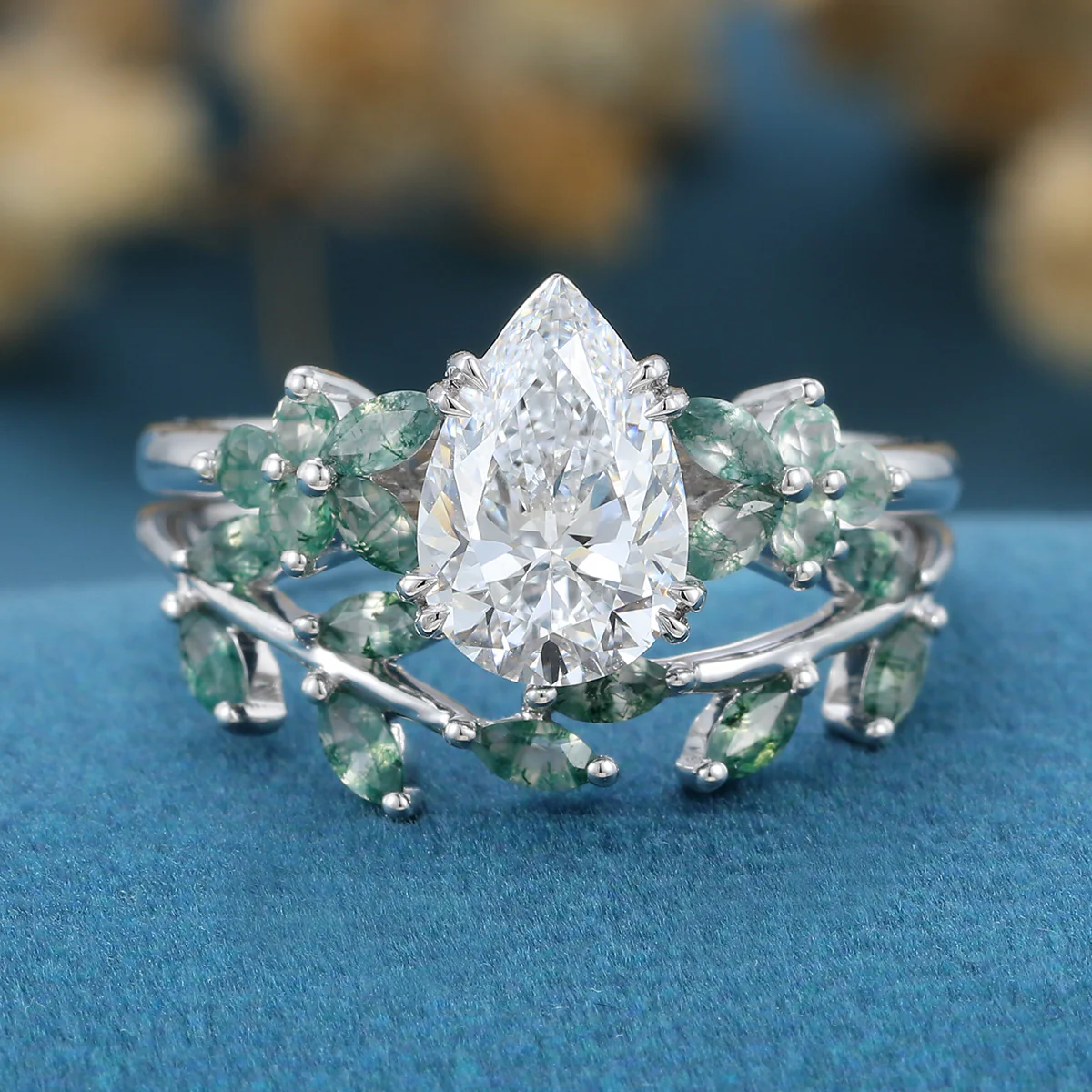1.2Carat Pear Cut Lab grown diamond Matching Moss Agate Cluster Gold Bridal Set - Image 4