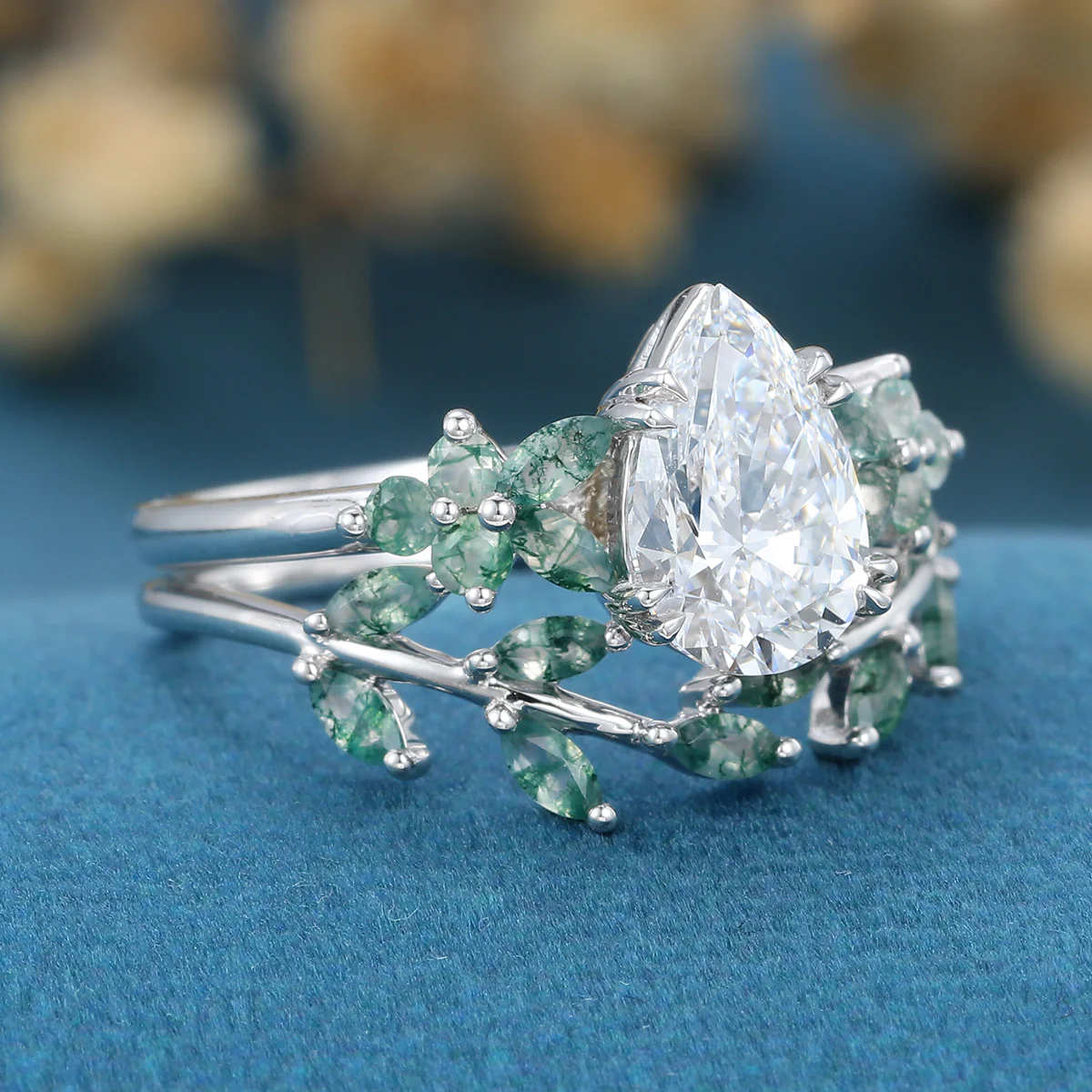 1.2Carat Pear Cut Lab grown diamond Matching Moss Agate Cluster Gold Bridal Set - Image 5