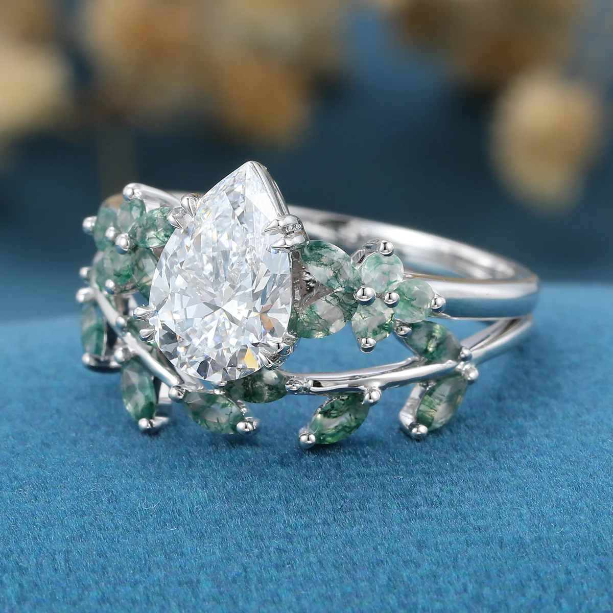 1.2Carat Pear Cut Lab grown diamond Matching Moss Agate Cluster Gold Bridal Set - Image 6