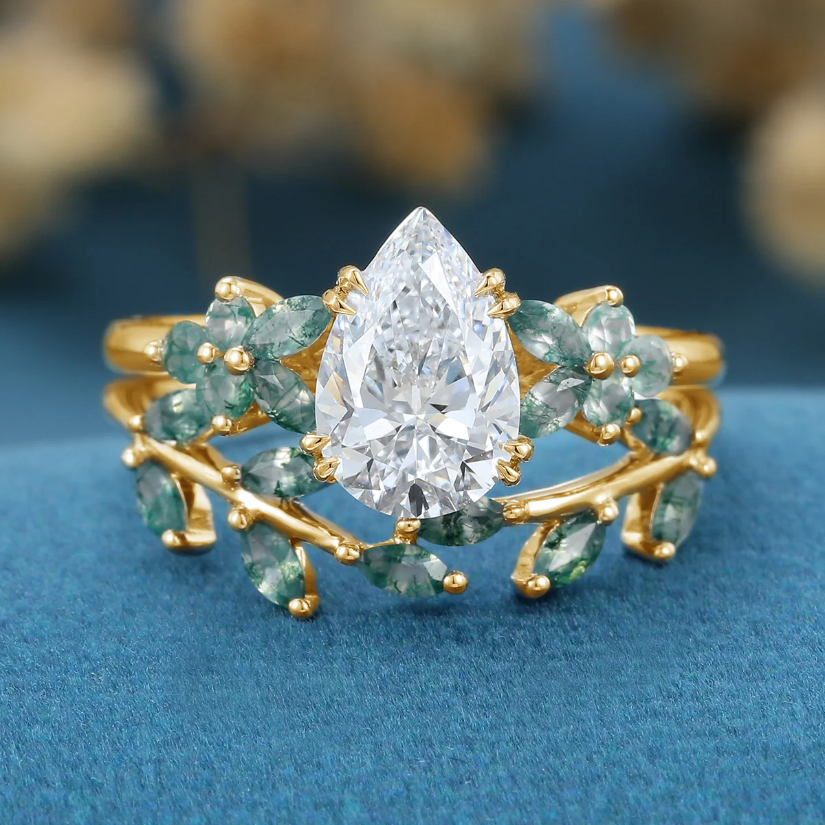 1.2Carat Pear Cut Lab grown diamond Matching Moss Agate Cluster Gold Bridal Set - Image 8