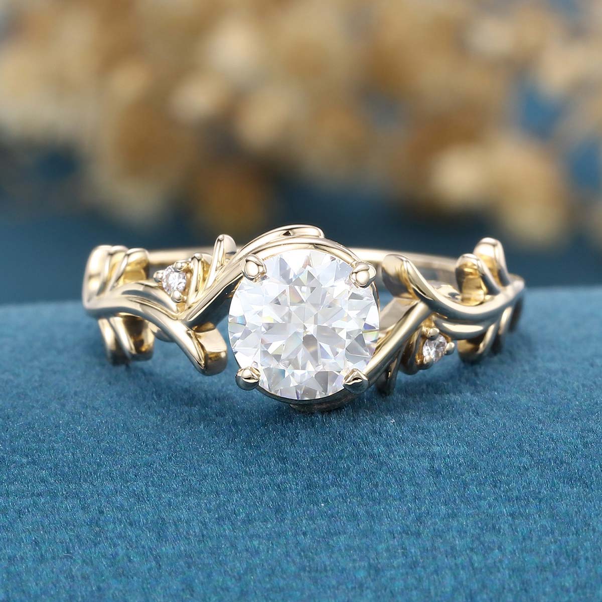 1.0Carat Round Cut Moissanite Leaf Design Rose Gold Engagement Ring - Image 8