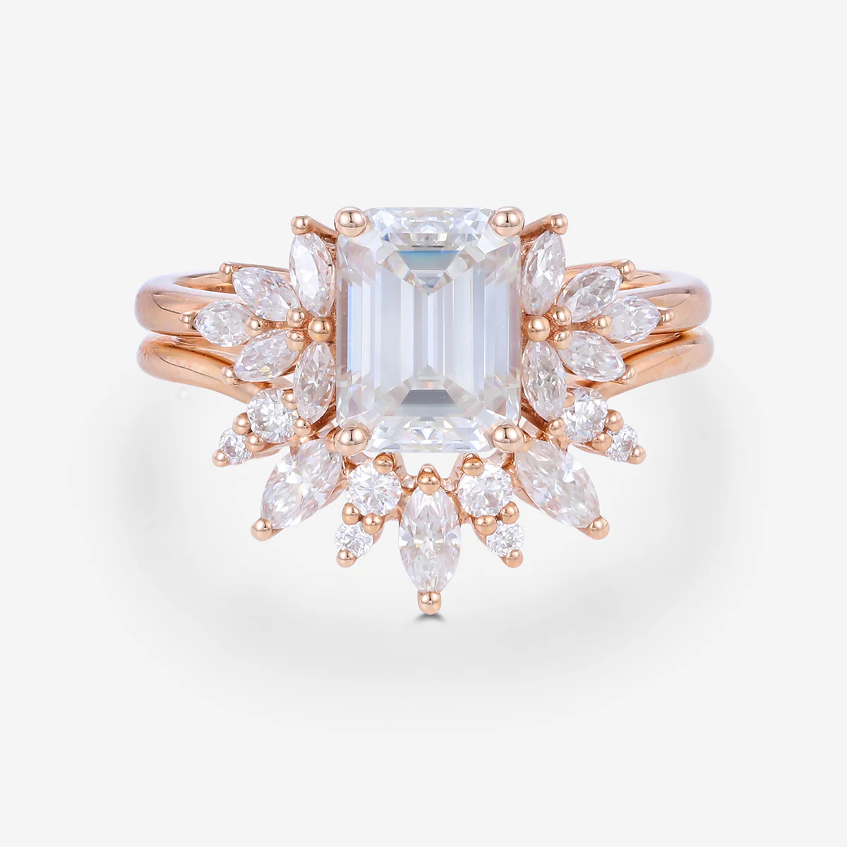 1.7Carat Vintage Emerald cut Moissanite Cluster Engagement Ring Set