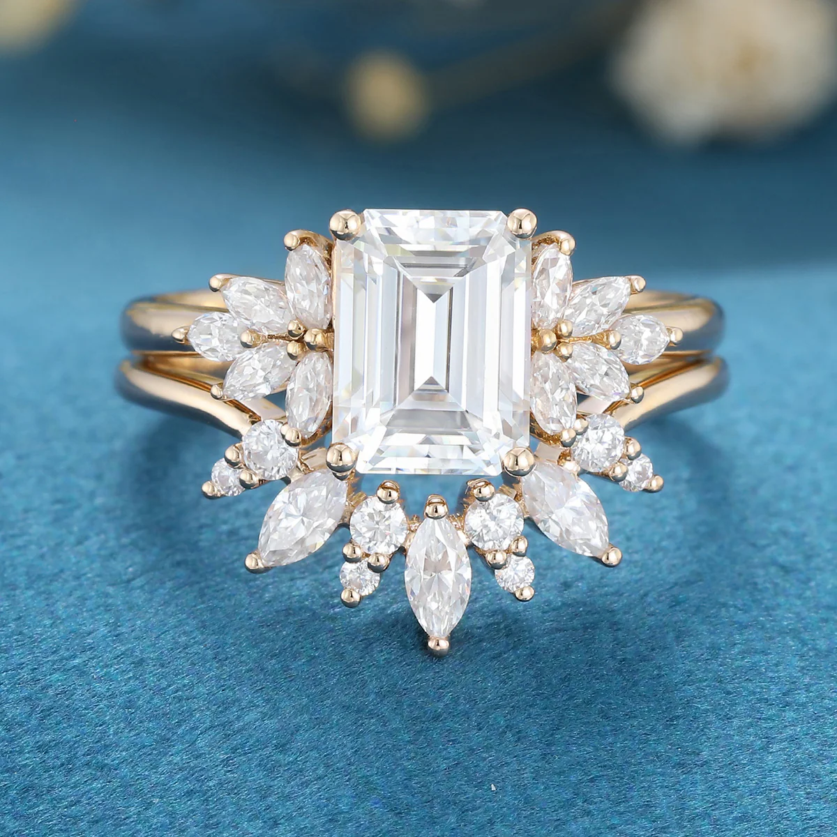 1.7Carat Vintage Emerald cut Moissanite Cluster Engagement Ring Set - Image 10