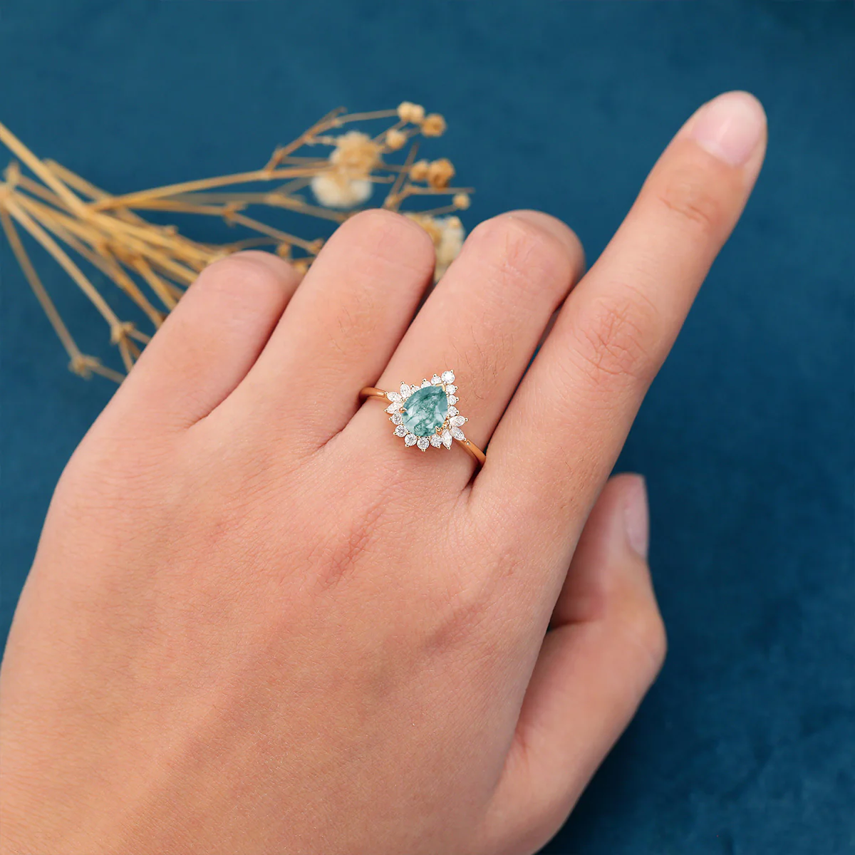 1.2 Carat Moss Agate Natural Green Pear cut Cluster Engagement rings - Image 2