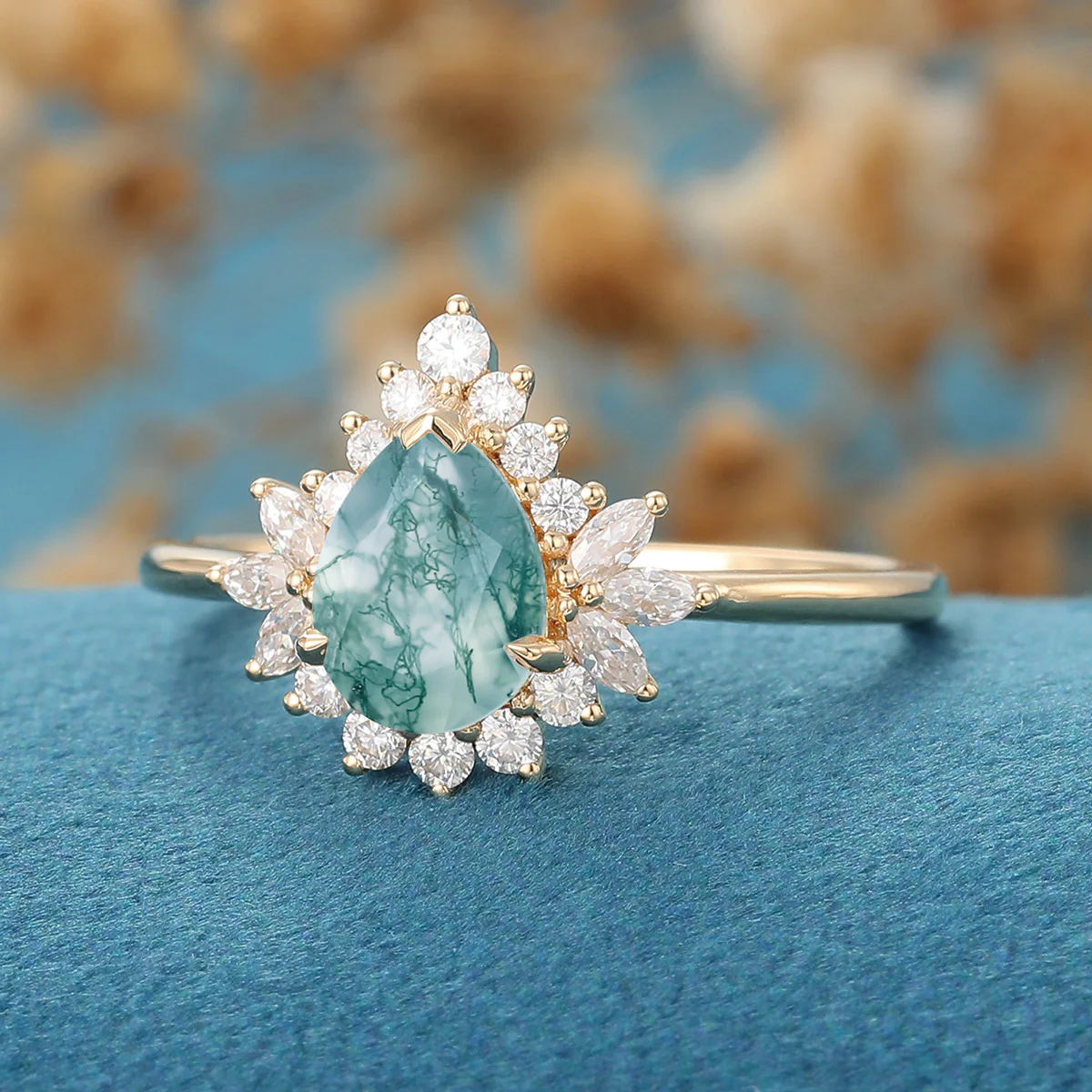 1.2 Carat Moss Agate Natural Green Pear cut Cluster Engagement rings - Image 3