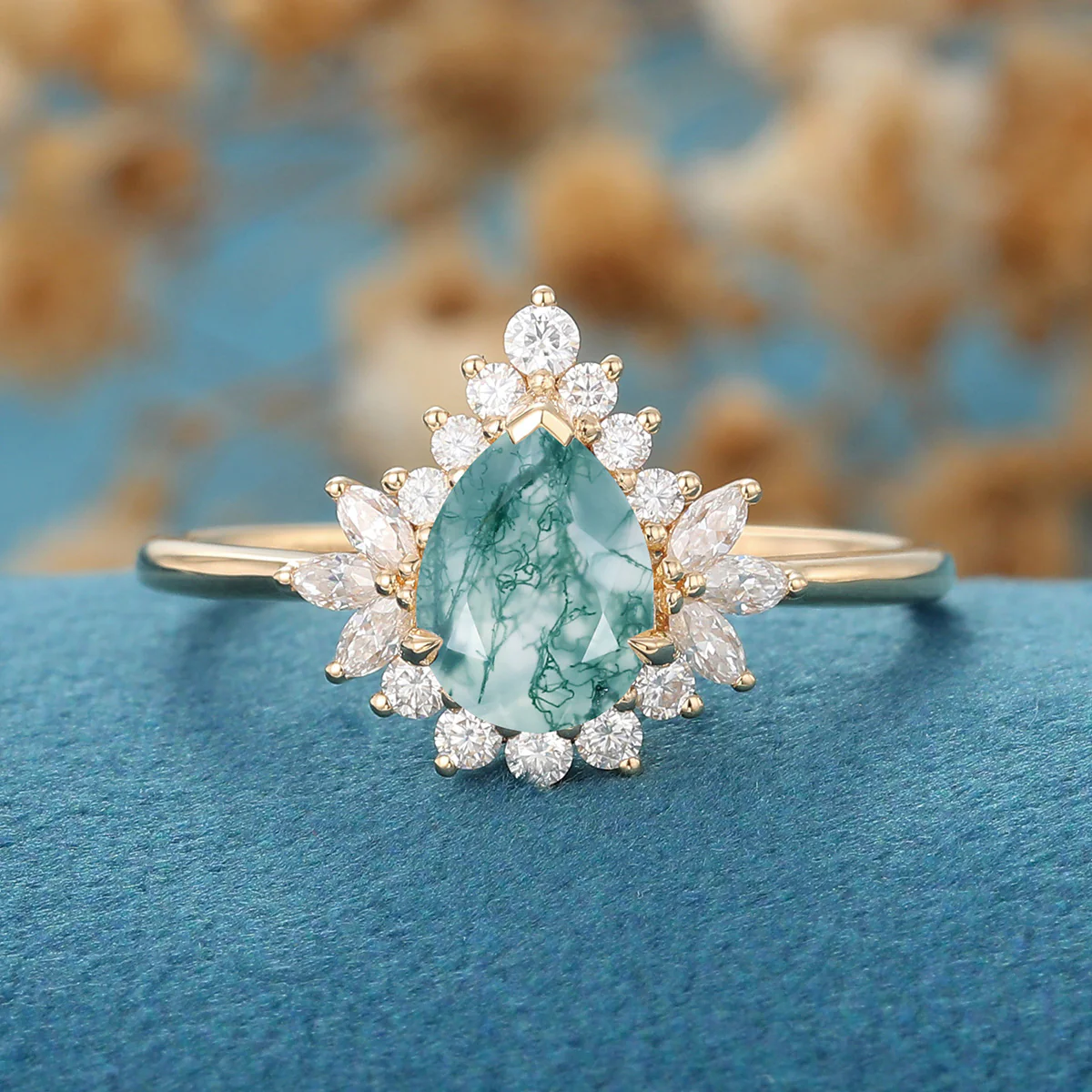 1.2 Carat Moss Agate Natural Green Pear cut Cluster Engagement rings - Image 5
