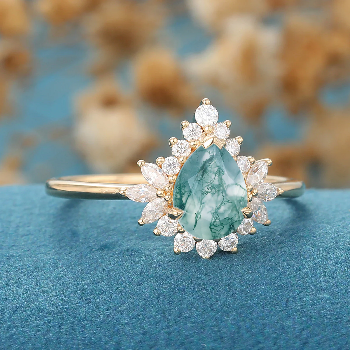 1.2 Carat Moss Agate Natural Green Pear cut Cluster Engagement rings - Image 6