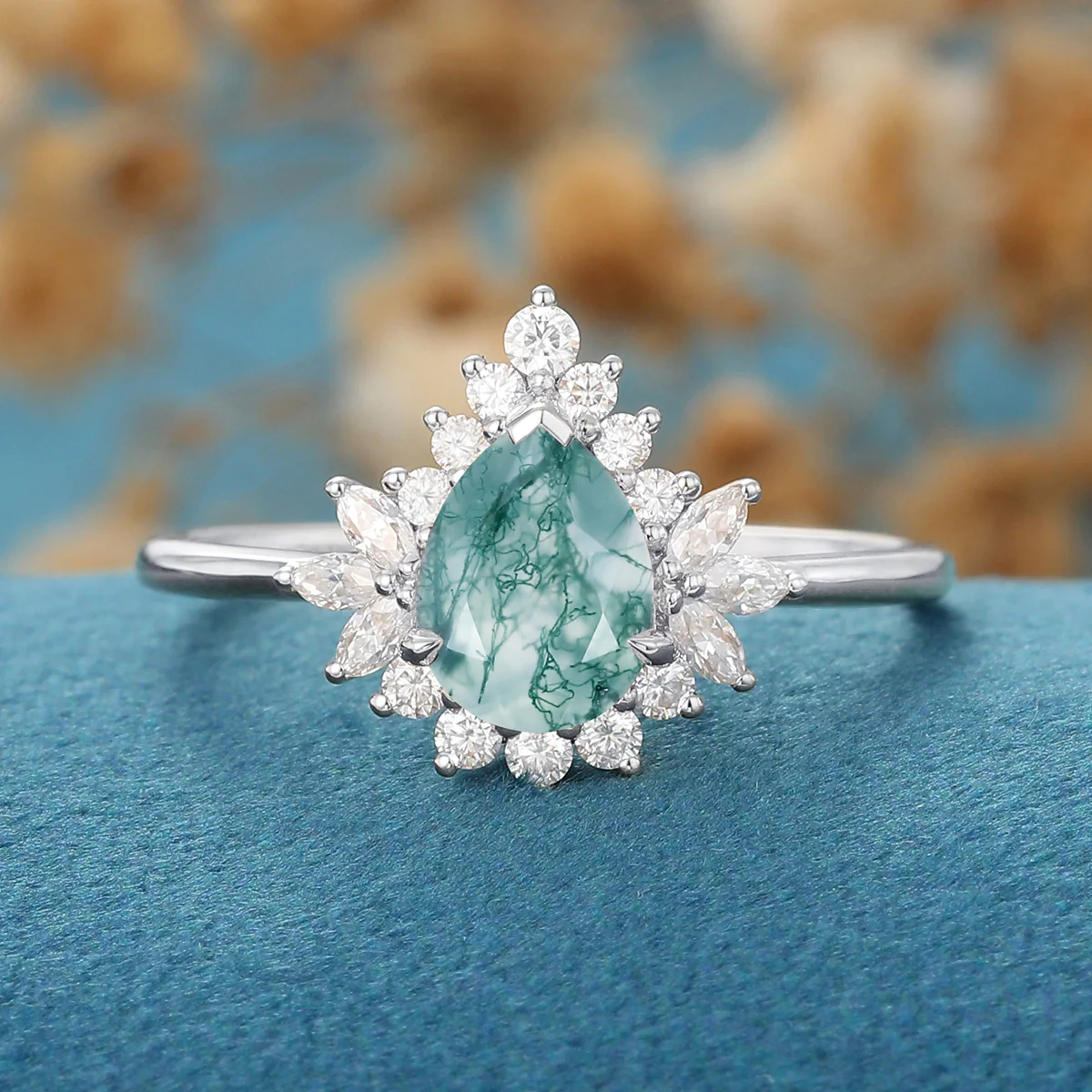 1.2 Carat Moss Agate Natural Green Pear cut Cluster Engagement rings - Image 9