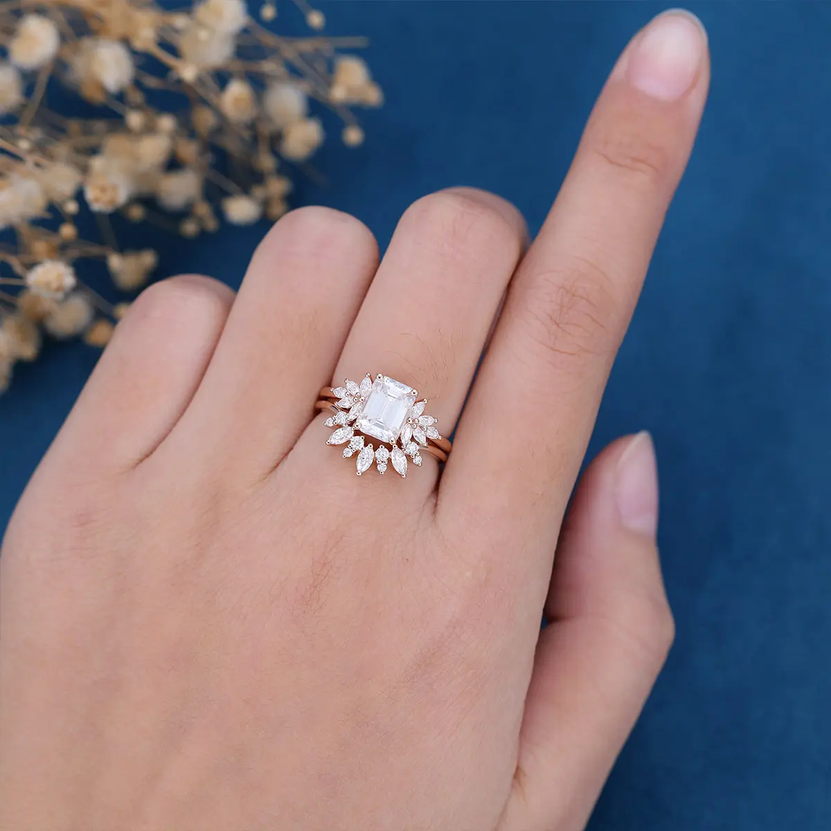 1.7Carat Vintage Emerald cut Moissanite Cluster Engagement Ring Set - Image 2
