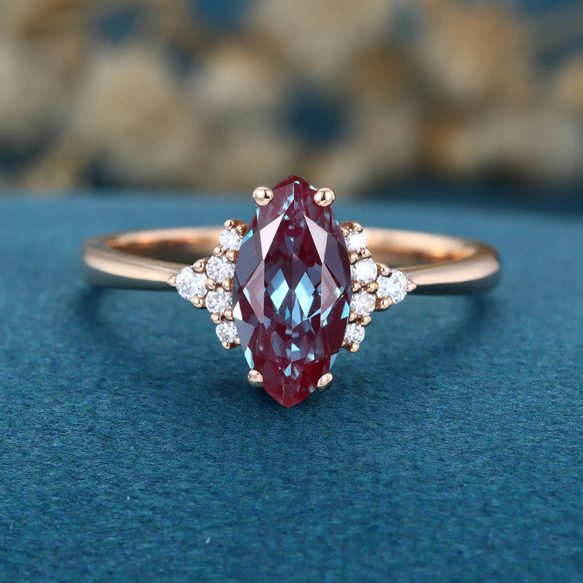 Marquise cut Lab Alexandrite Solid Gold Engagement Ring