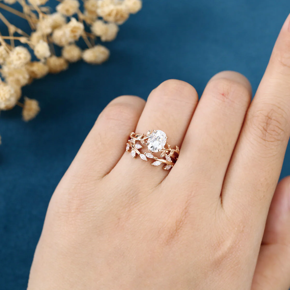 1.2Carat Oval cut Moissanite Leaf Diamonds Rose Gold Wedding Bridal Set - Image 2