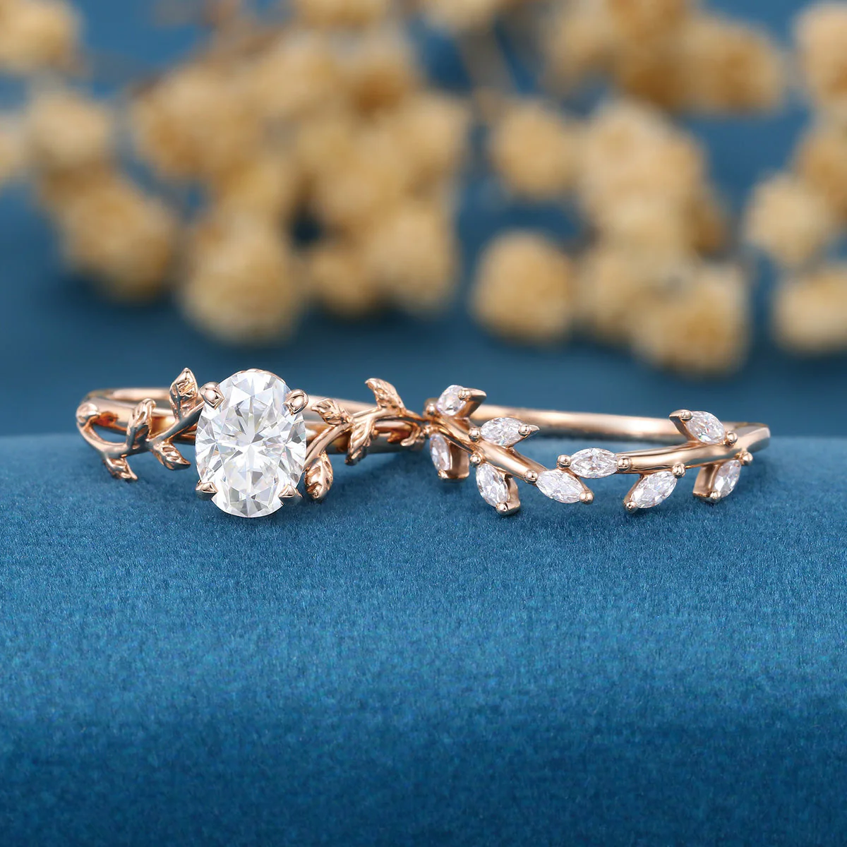 1.2Carat Oval cut Moissanite Leaf Diamonds Rose Gold Wedding Bridal Set - Image 3