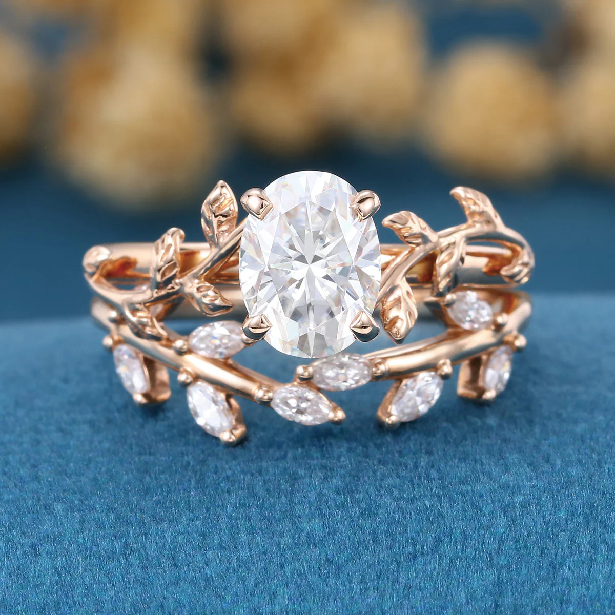 1.2Carat Oval cut Moissanite Leaf Diamonds Rose Gold Wedding Bridal Set - Image 4