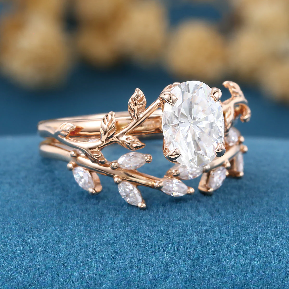 1.2Carat Oval cut Moissanite Leaf Diamonds Rose Gold Wedding Bridal Set - Image 5