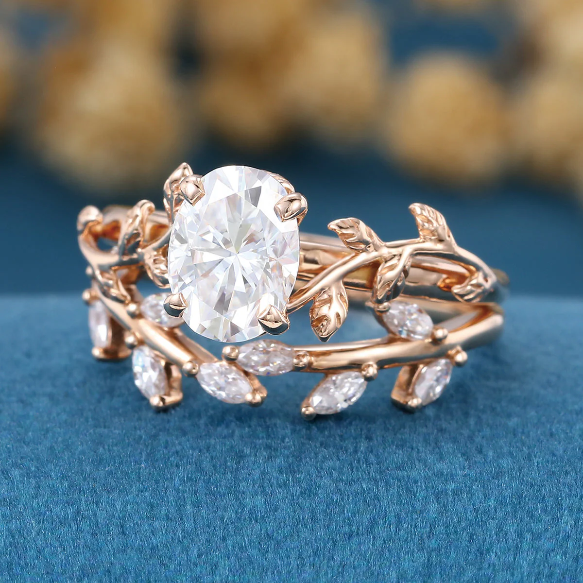 1.2Carat Oval cut Moissanite Leaf Diamonds Rose Gold Wedding Bridal Set - Image 6
