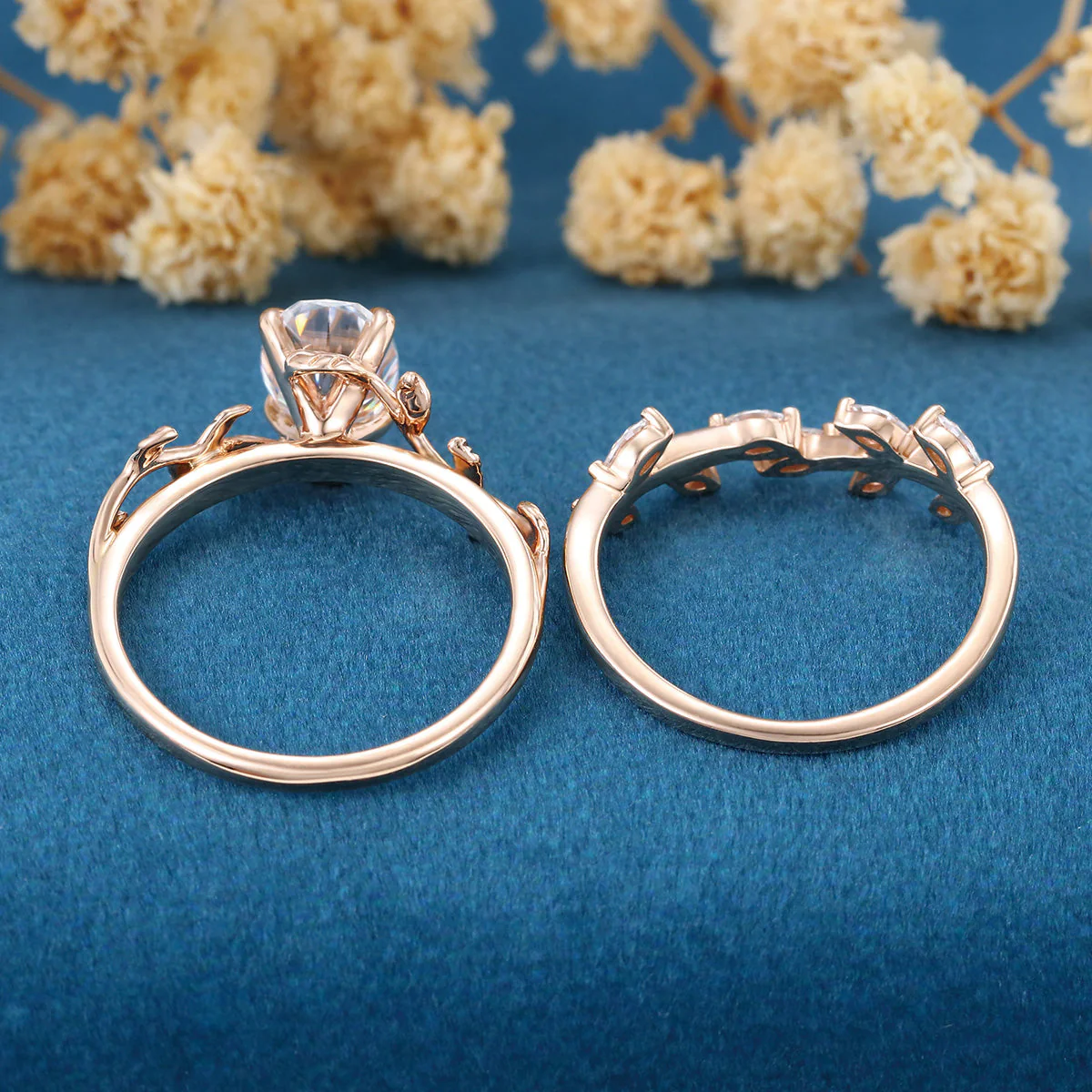 1.2Carat Oval cut Moissanite Leaf Diamonds Rose Gold Wedding Bridal Set - Image 7